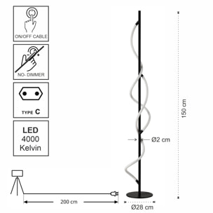 Lampadaire LED Tomasucci ROPE, métal noir mat et acrylique blanc, 150 cm, 30W, lumière blanc neutre