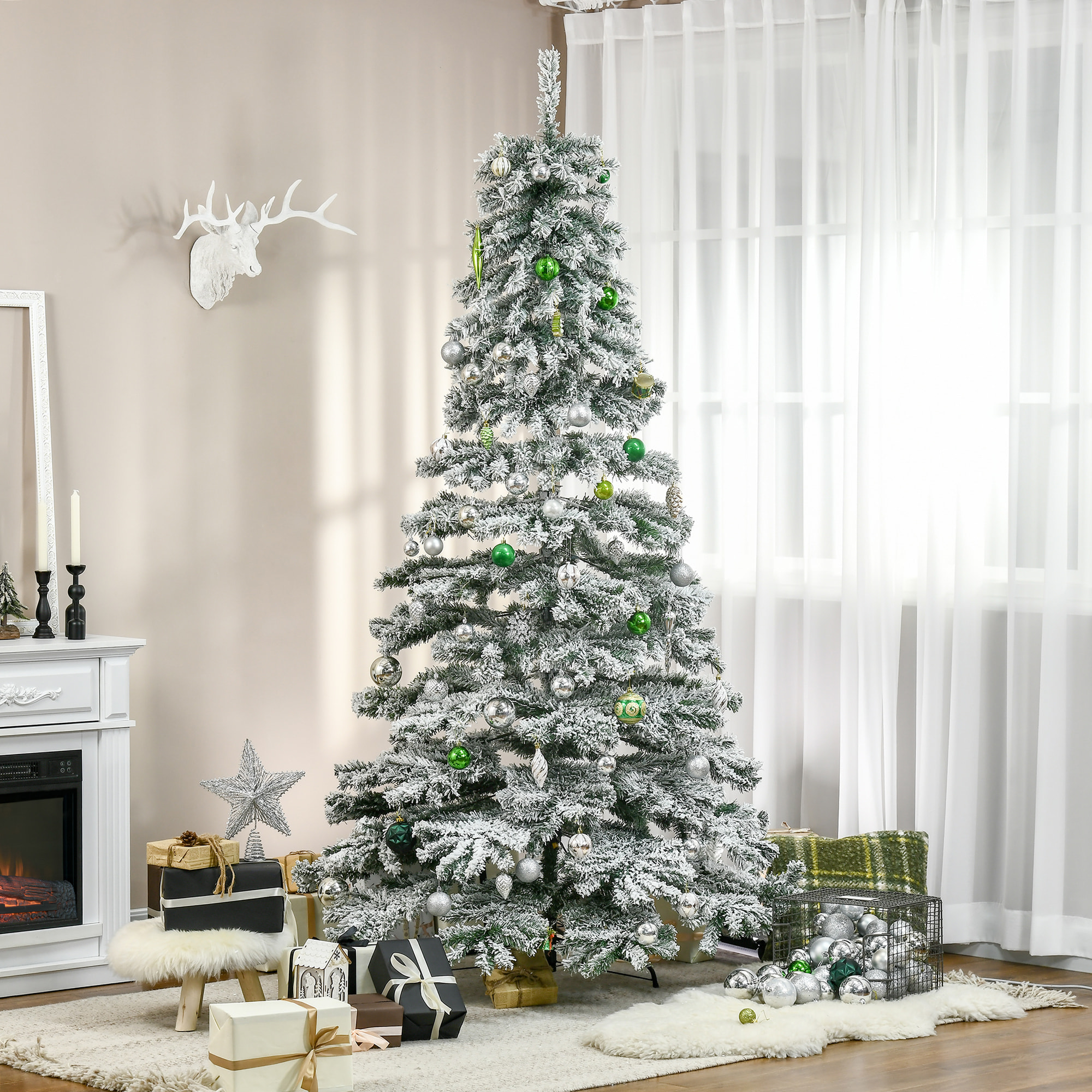árbol de Navidad 225 cm Nevado Artificial con 1083 Puntas de PVC Base Plegable y Soporte de Metal Decoración Navideño para Interiores 140x140x225 cm Verde y Blanco