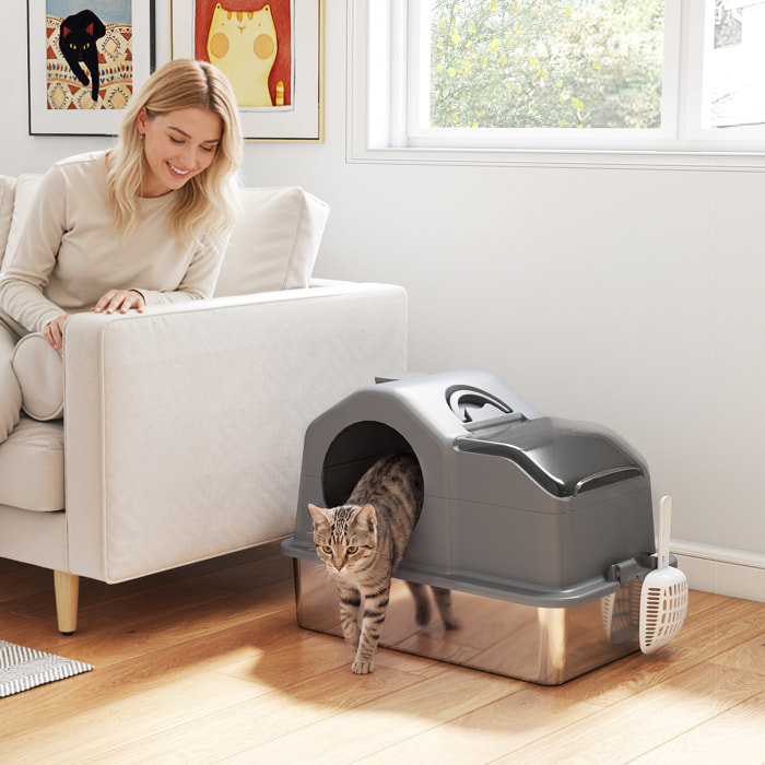 Arenero para Gatos Cubierto Extragrande Caja de Arena Cerrado con Bandeja de Acero Inoxidable Tapa Extraíble Bordes Altos Tapetes Pala sin Olor Fácil de Limpiar para Gatos Grandes Gris Oscuro