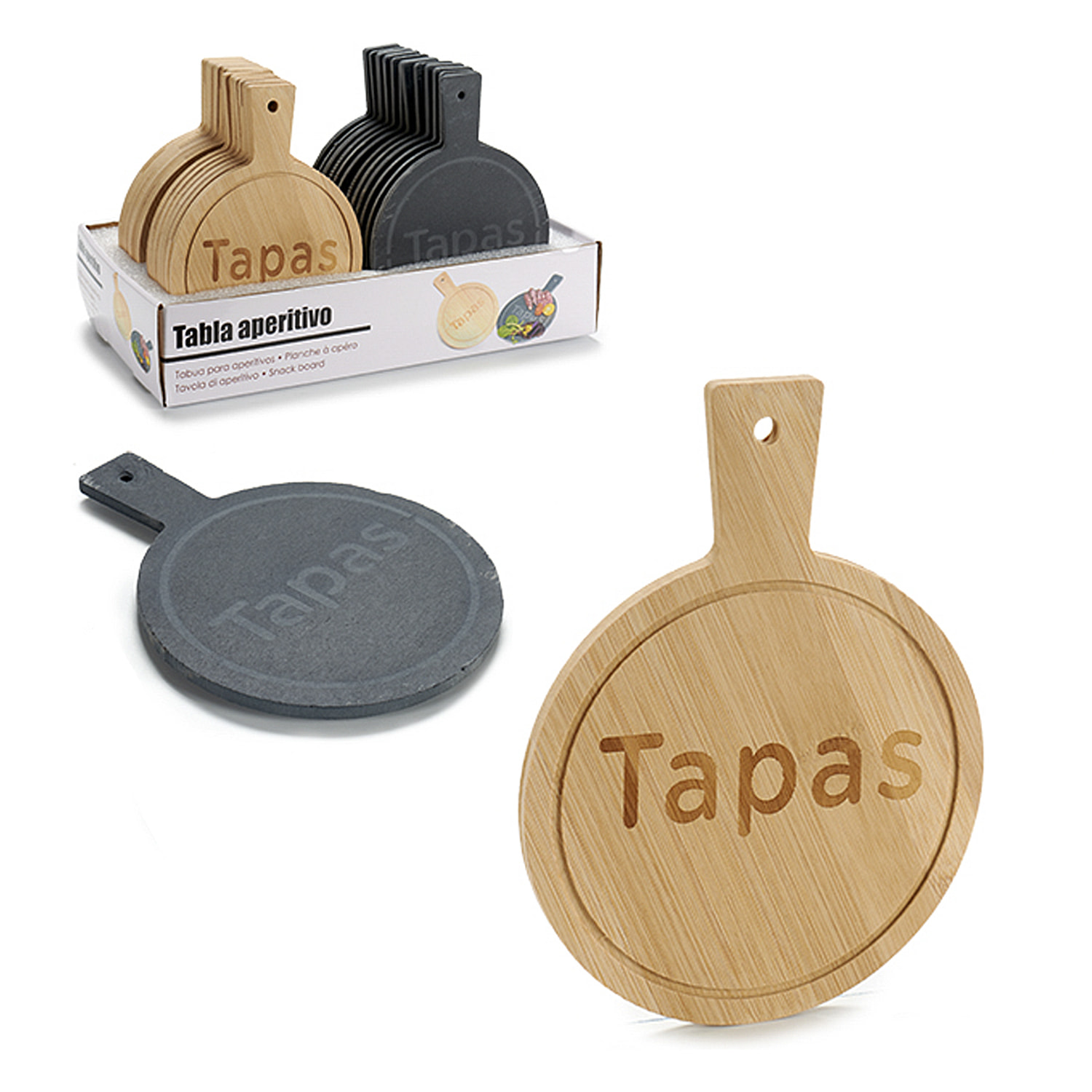 Set di due unità. Tavolo rotondo in bambù e lavagna.