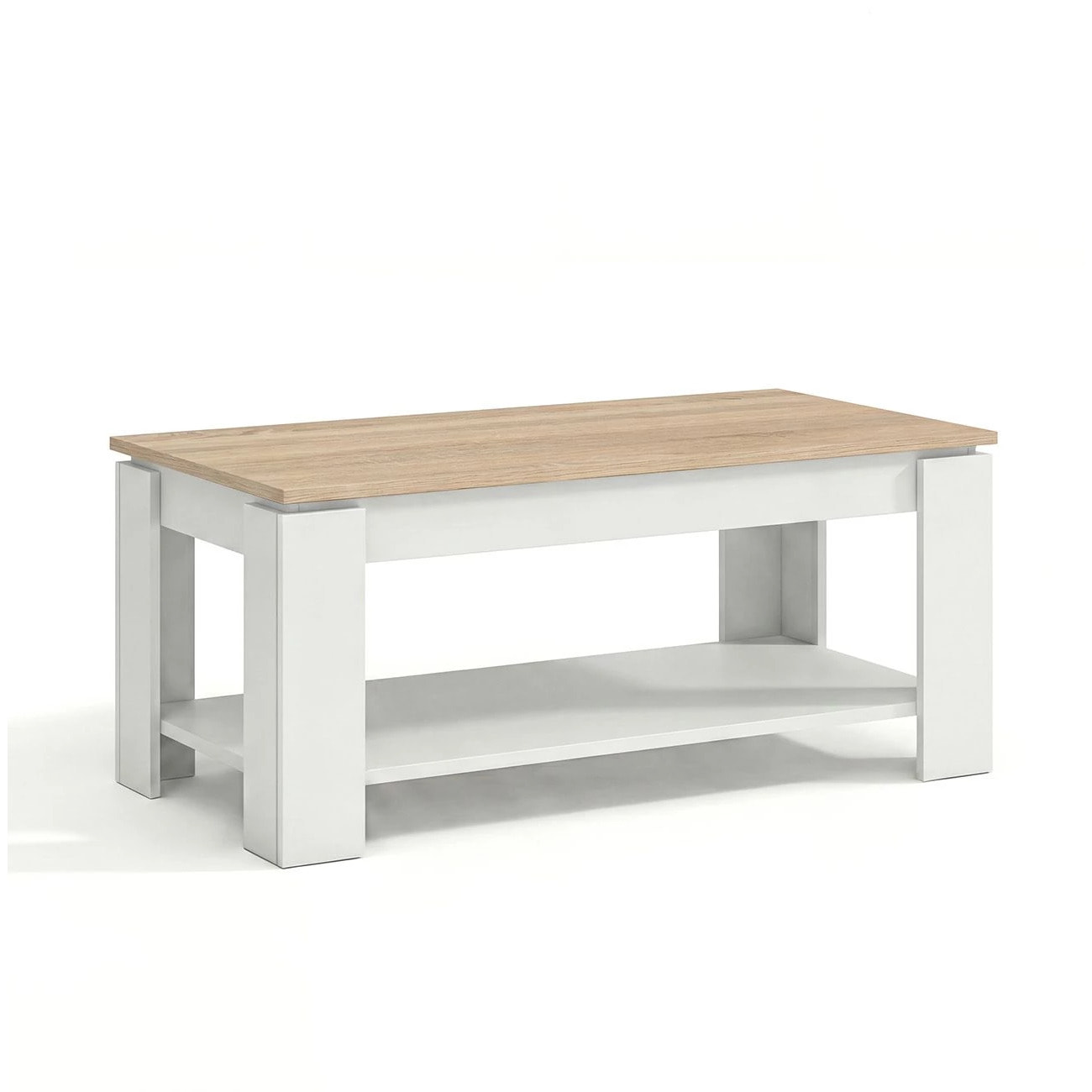 Mesa de centro elevable con almacenaje en blanco artik y roble canadian 102x43-54 cm Lya Blanco Artik (Blanco Mate) - Roble Canadian