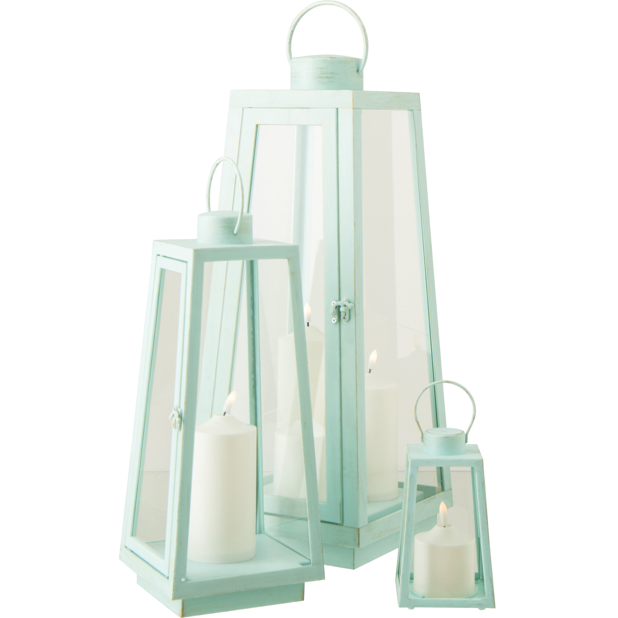 J-Line Lanterne + Bougie - verre - turquoise - large - lumières LED
