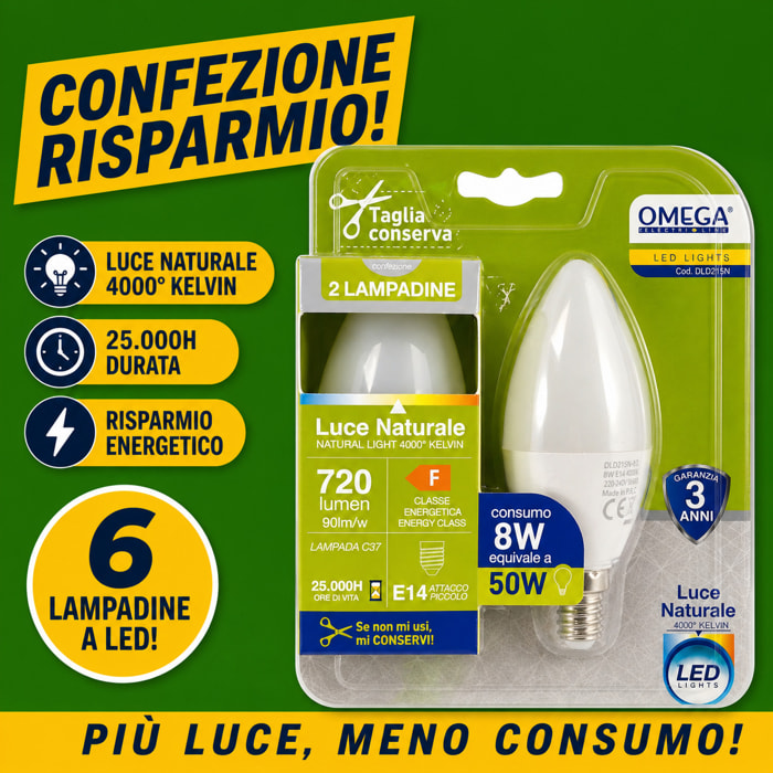 OMEGA Set 6 lampadine candela led 8W E14 4000K