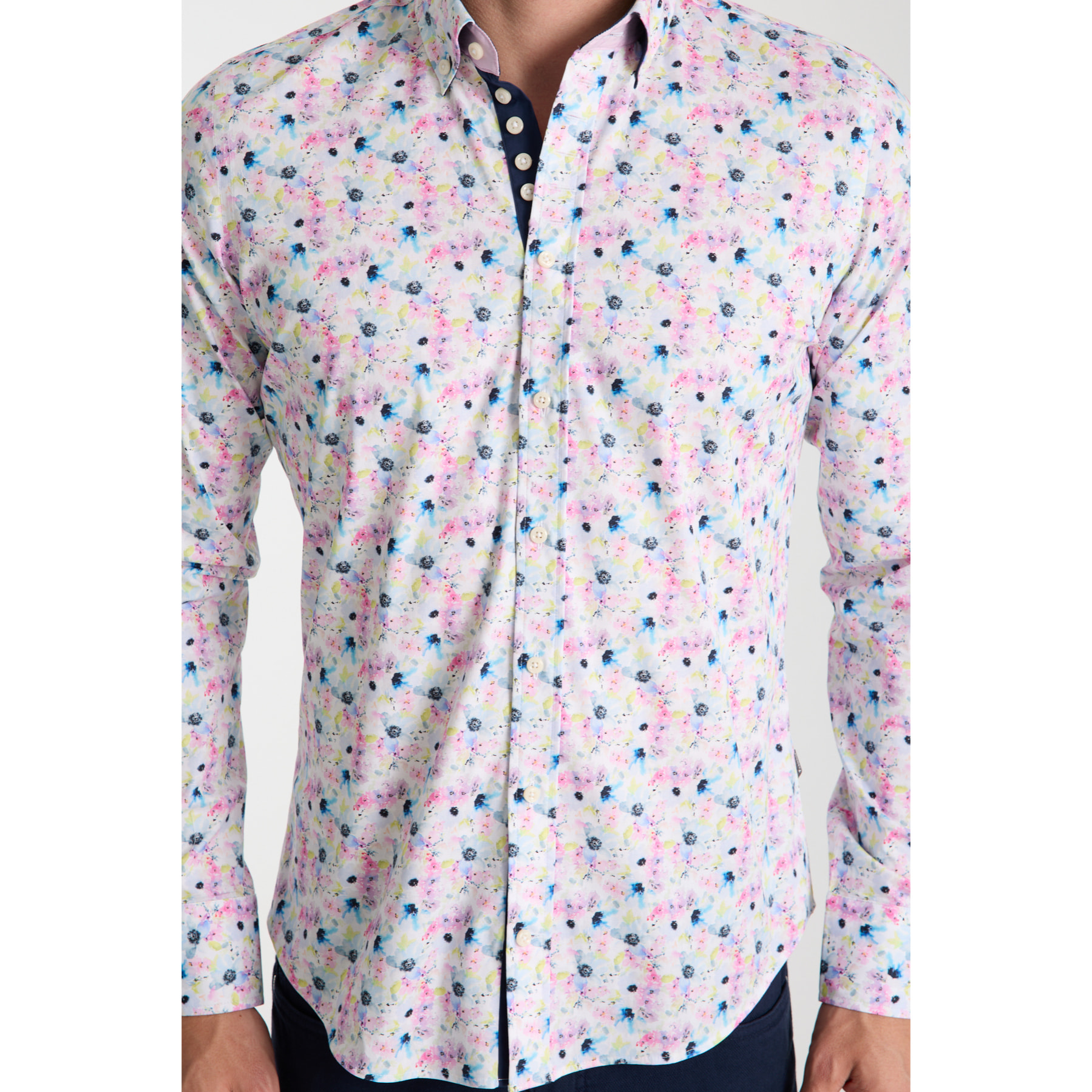 Camicia Uomo 1 Bottoni Button Down Slim Popeline Stretch Stampato Bianco Rosa Cipria