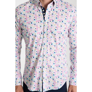 Camicia Uomo 1 Bottoni Button Down Slim Popeline Stretch Stampato Bianco Rosa Cipria