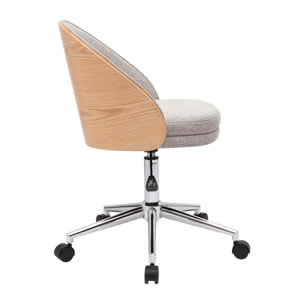 Chaise de bureau à roulettes en tissu effet velours texturé gris, bois clair et métal chromé TUCSON