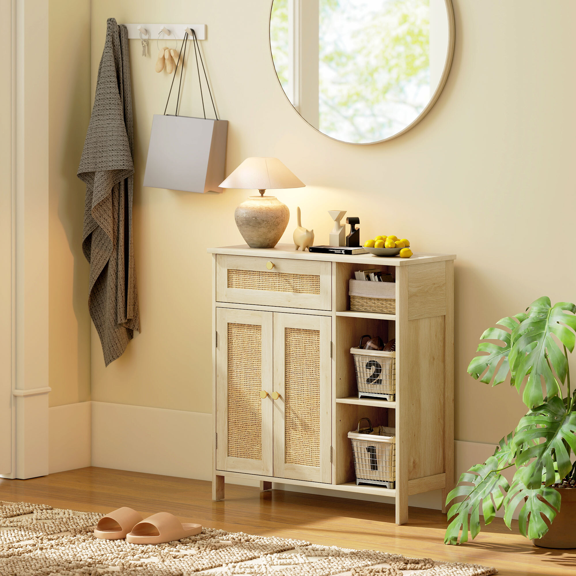 Buffet style bohème naturel - 2 portes, étagère, 3 niches, tiroir - rotin effet bois clair