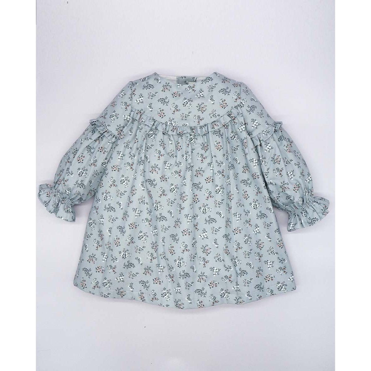 VESTIDO VOLANTES FLOR AZUL Y ROSA