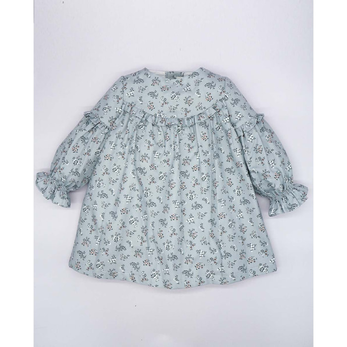 VESTIDO VOLANTES FLOR AZUL Y ROSA