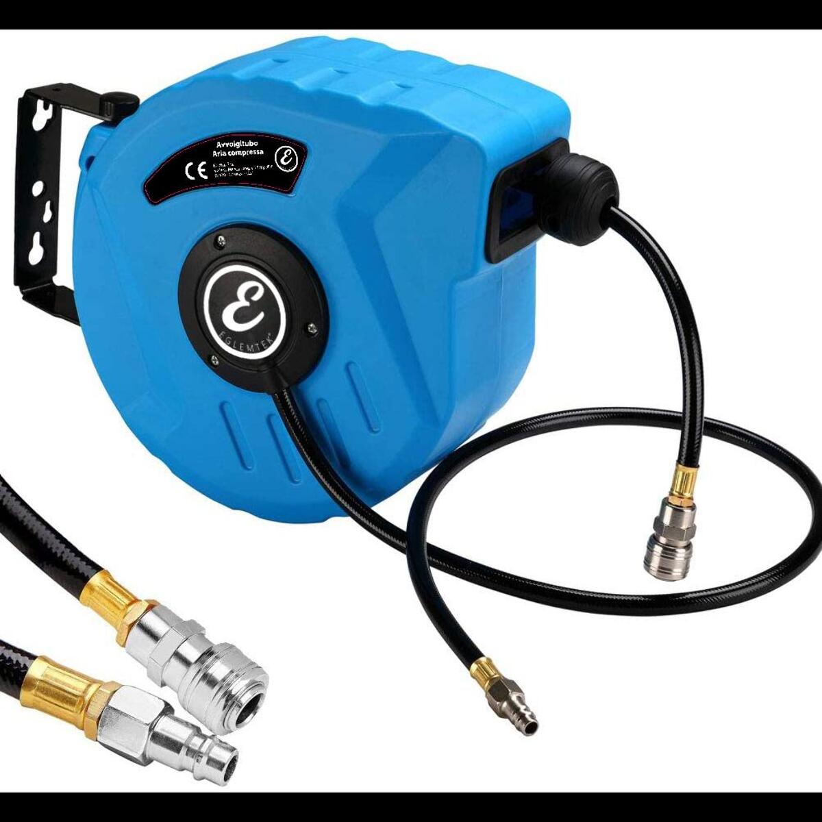 Avvolgitubo Aria Compressa Tubo Professionale Attacco 1/4" Fissaggio Parete Muro Sistema Blocco Automatico Riavvolgitore Pressione 24 Bar 10 + 1 Mt