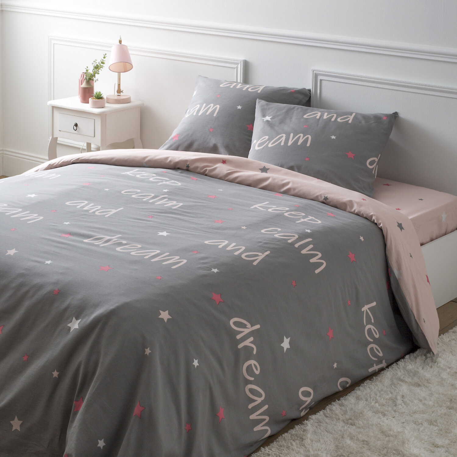 Parure de lit 100% coton motif étoile - gris et rose pâle