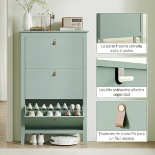 HOMCOM Zapatero Estrecho 3 Puertas, Zapatero Entrada Recibidor, Estantes Ajustables, Tiradores de PU, para 21 Pares de Zapatos, para Pasillo, Espacios Reducidos, 80x24x131 cm, Verde Claro