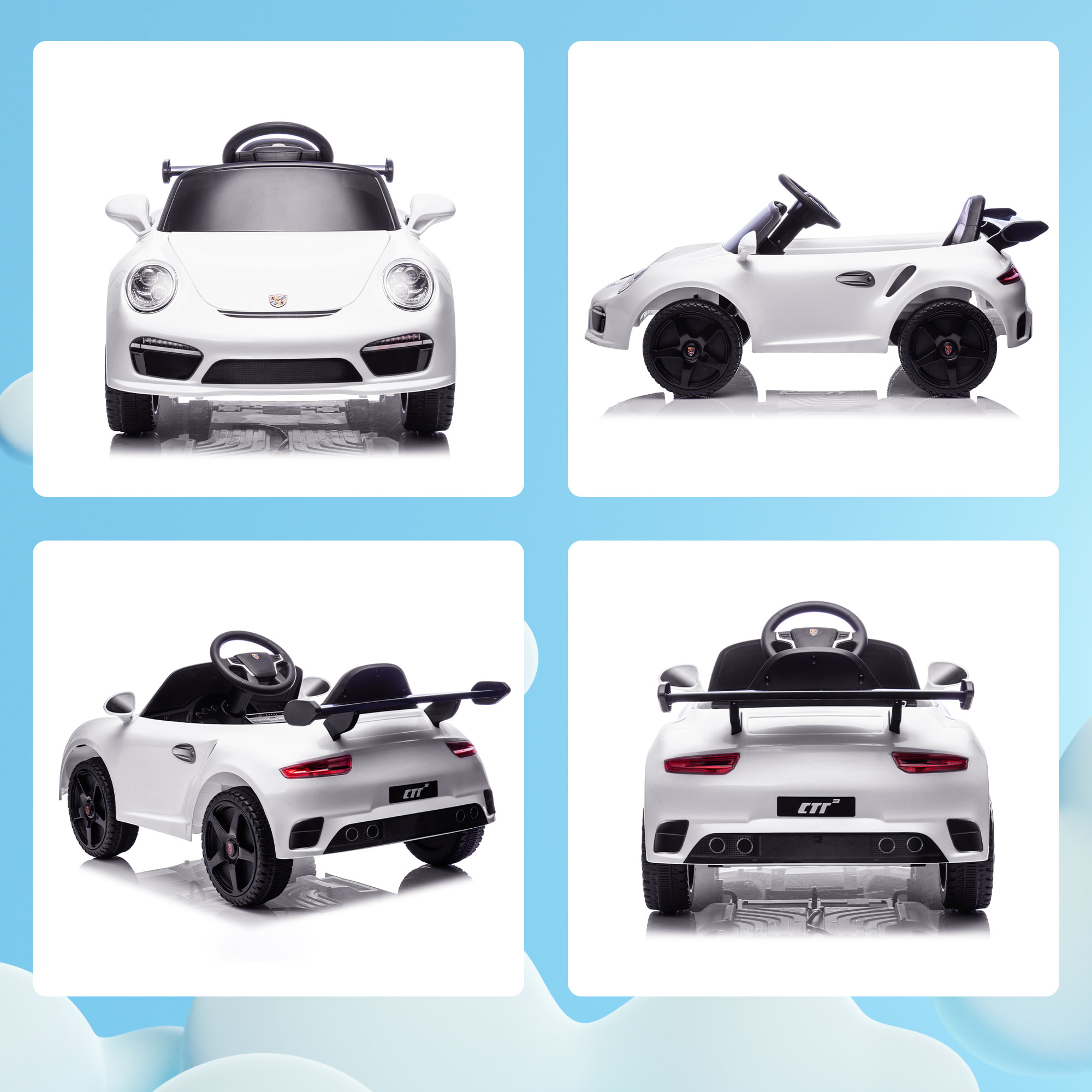 Coche Eléctrico para Niños con Licencia RUF CTR 3 Clubsport, Coche de Batería 12V, con Mando a Distancia 2,4 G, Motor Doble, Música Inalámbrica, Bocina, Ruedas Auxiliares y Faros LED, Blanco