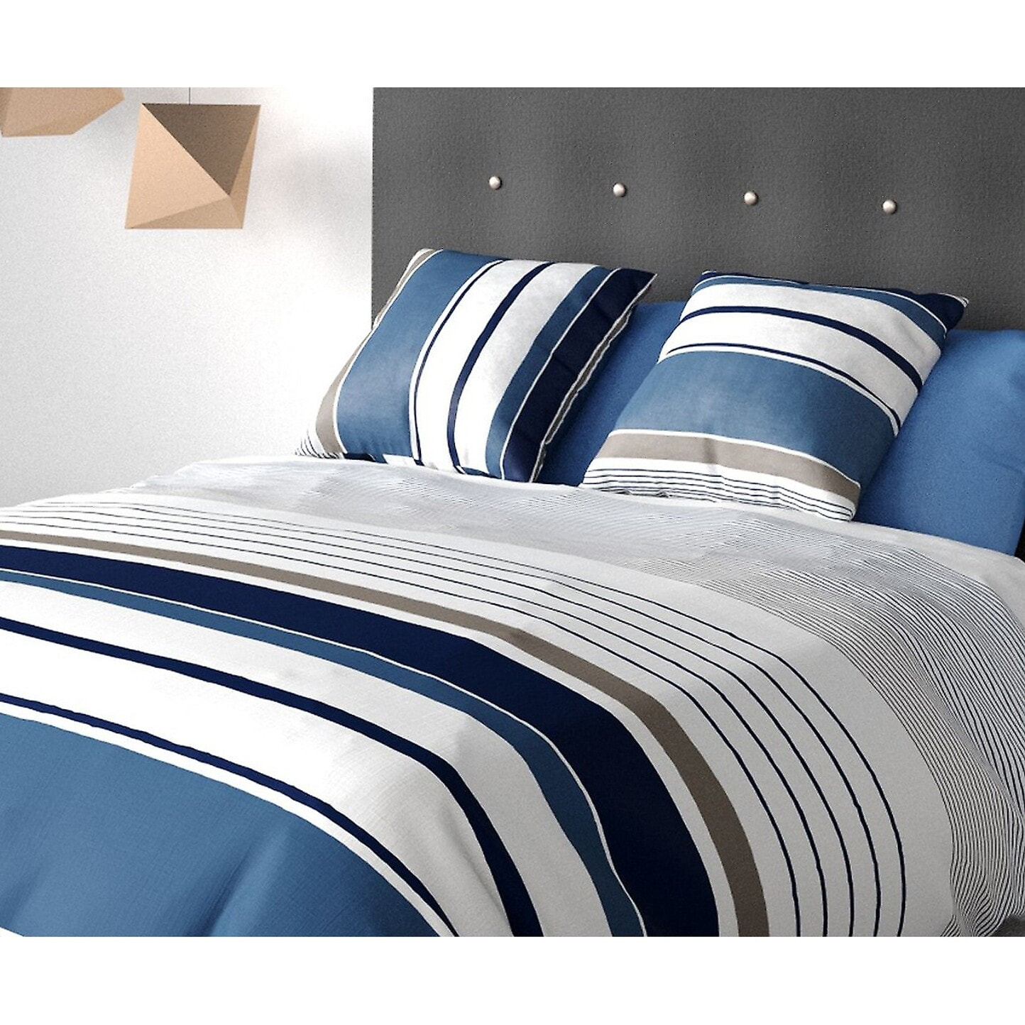 Parure housse de couette coton bleu gris