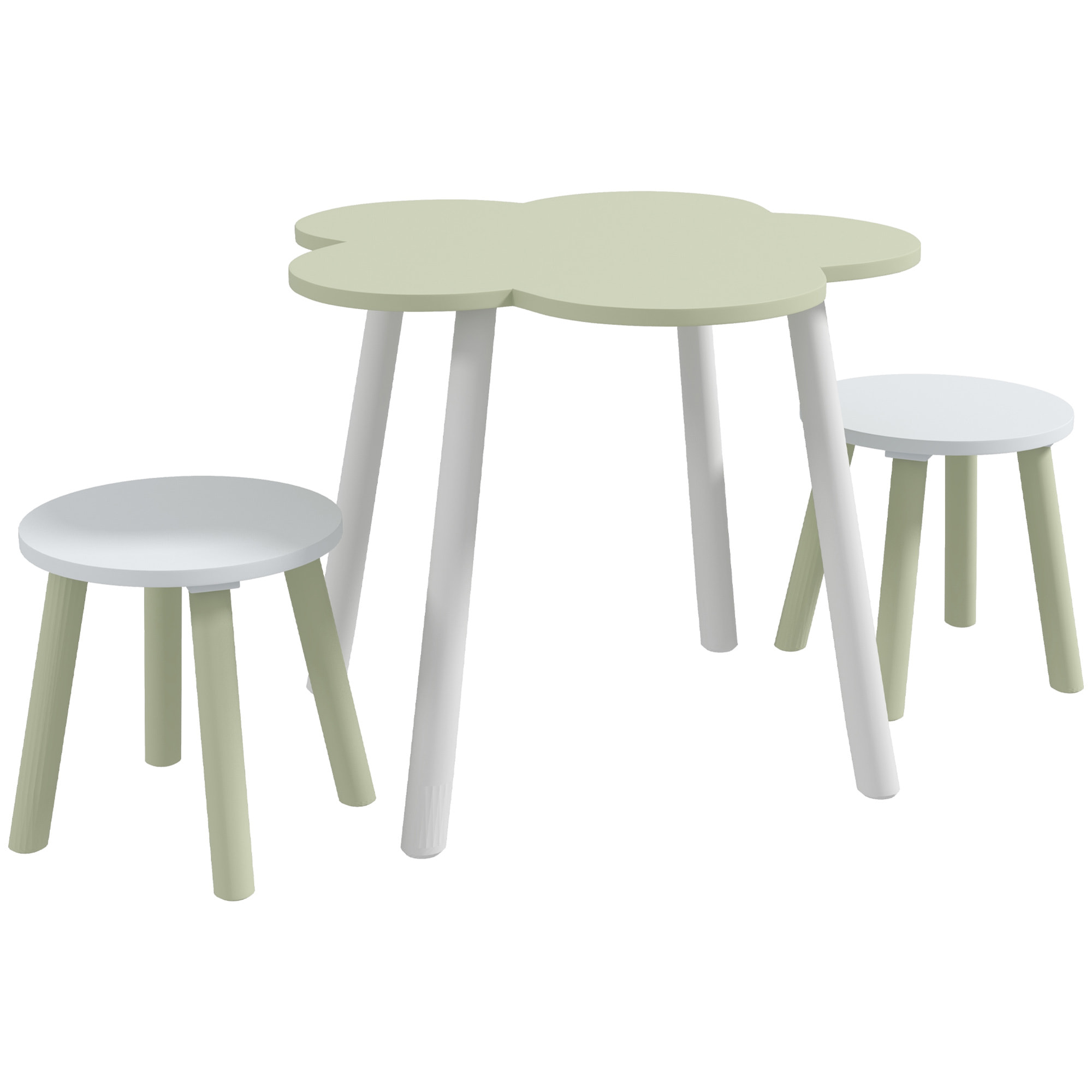 Juego de Mesa y 2 Sillas Infantiles Mesa con Sillas para Niños de 2-5 Años con Mesa en Forma de Flores Ø59x50 cm y Sillas Ø28x26 cm para Dormitorio Sala Blanco y Verde Pastel