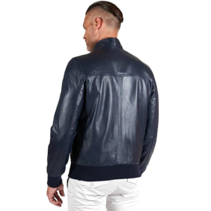 Giubbotto Bomber in pelle blu con bottoni effetto liscio