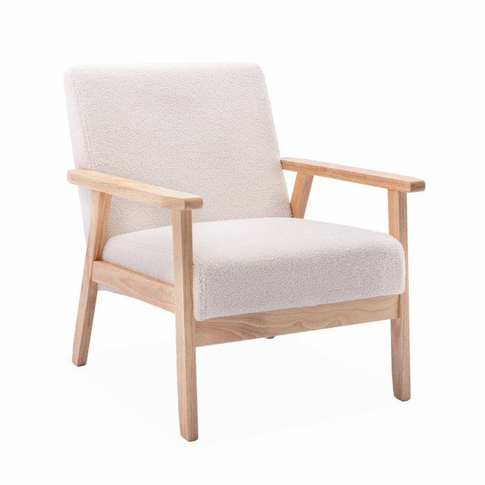 Fauteuil scandinave en bois et tissu bouclette. Isak. L 64 x P 69.5 x H 73cm