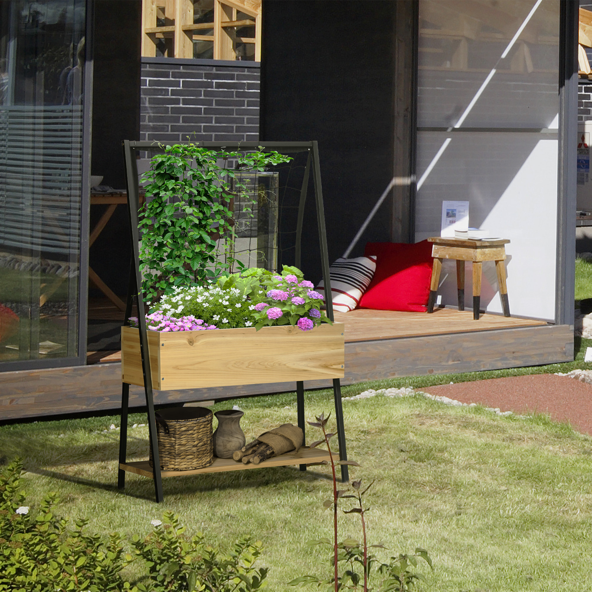 Jardinière sur pieds avec treillis filet - étagère, inserts d'irrigation - châssis métal époxy noir bois sapin verni