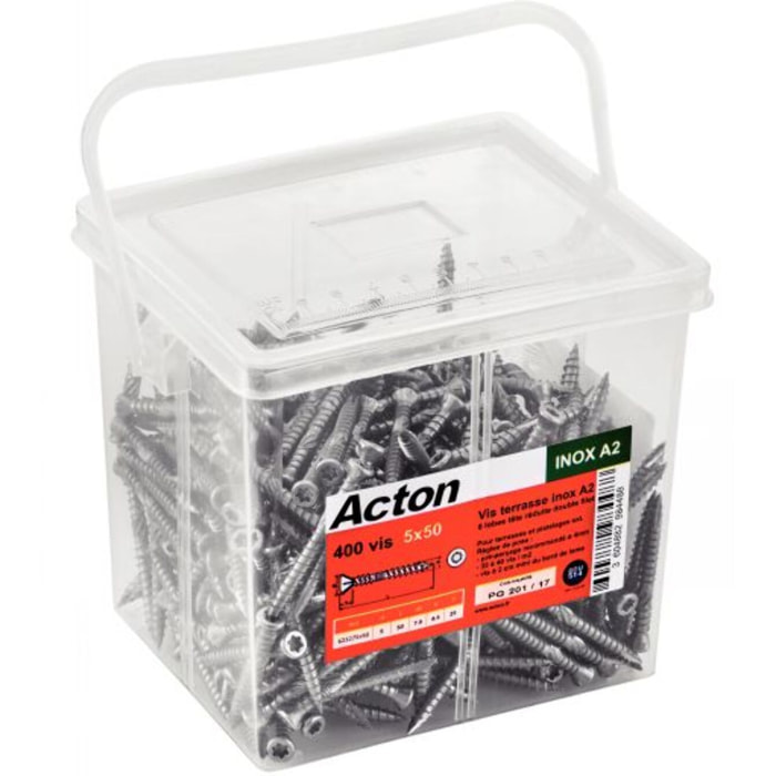 Seau 500 Vis terrasse tête fraisée 5 x 60 inox A2 Torx 25 + 1 embout Torx bois dur ACTON - 623265X60SEAU