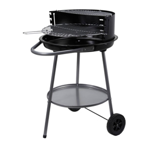 Barbacoa de Carbón Redonda Ø51 cm con Ruedas y Cortavientos - Parrilla Doble de Cocción - con Cuba Esmaltada y Asa