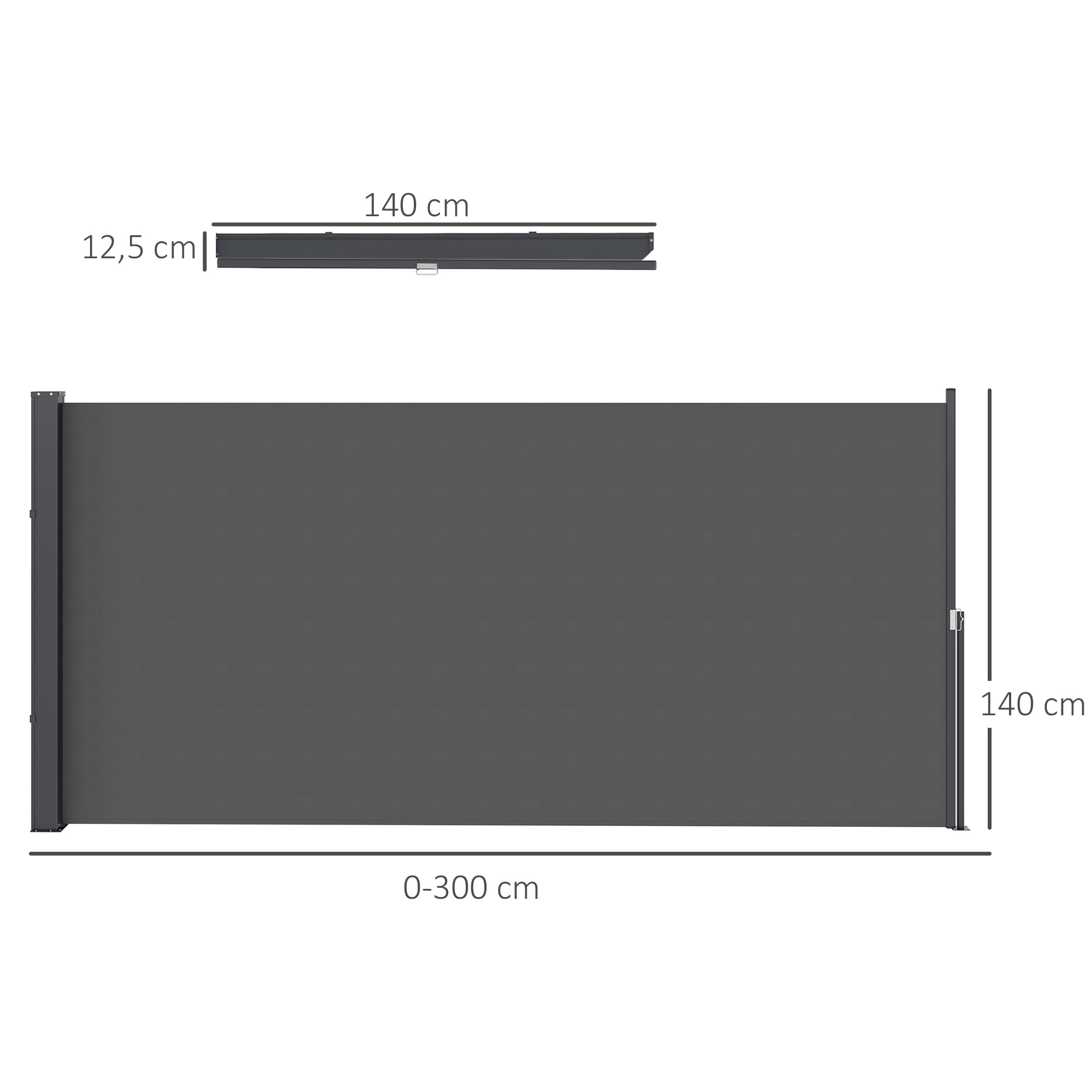 Store latéral brise-vue paravent rétractable de jardin dim. 3 x 1,4 m alu. polyester gris foncé