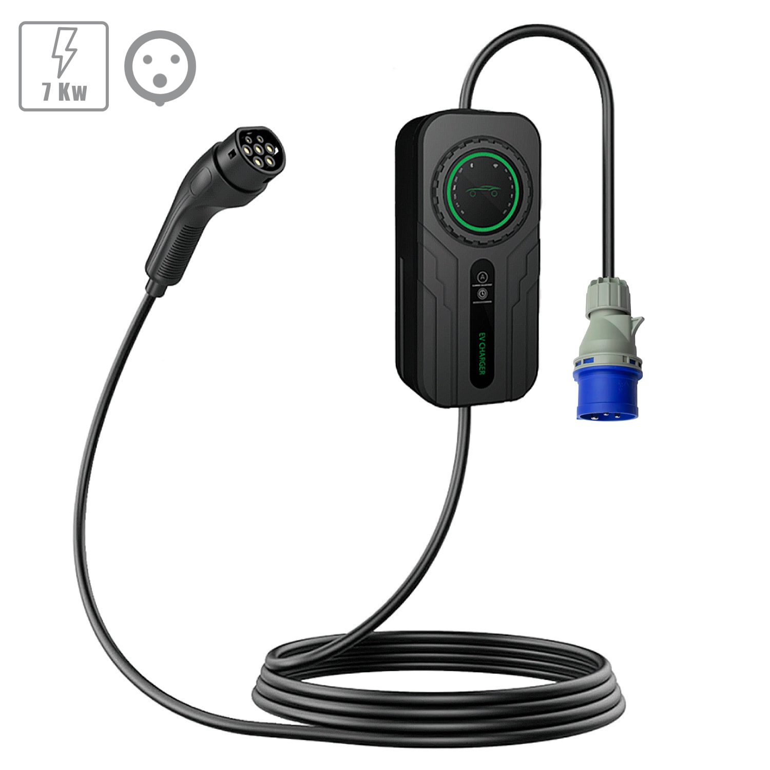 Caricatore A03 per auto elettrica Tipo 2, EV e PHEV, con 32A e 7KW. App di controllo e schermo LCD.