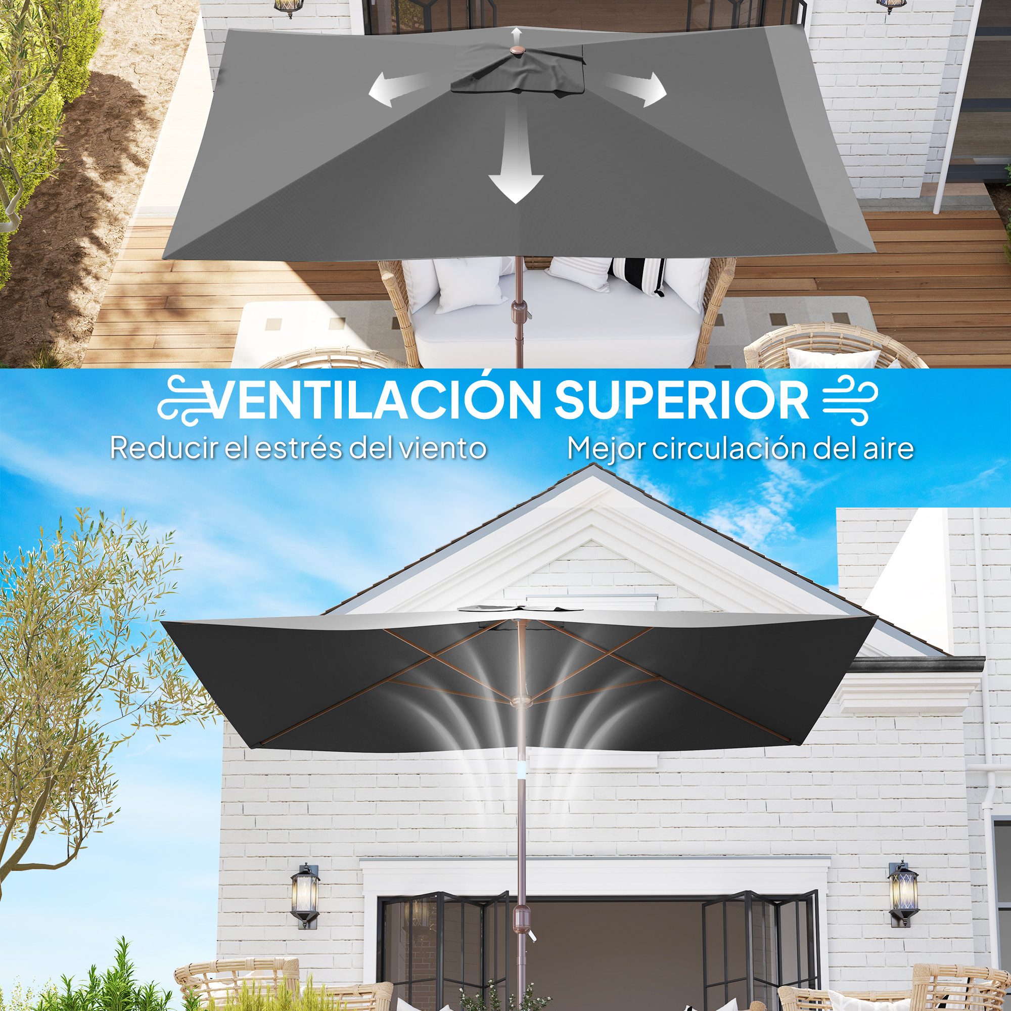 Toldo de Recambio de Sombrilla de 3x2 m Toldo de Repuesto para Sombrilla de Patio con Ventilación Superior Protección UV 50+ Cubierta de Repuesto para Parasol para Exteriores Gris Oscuro