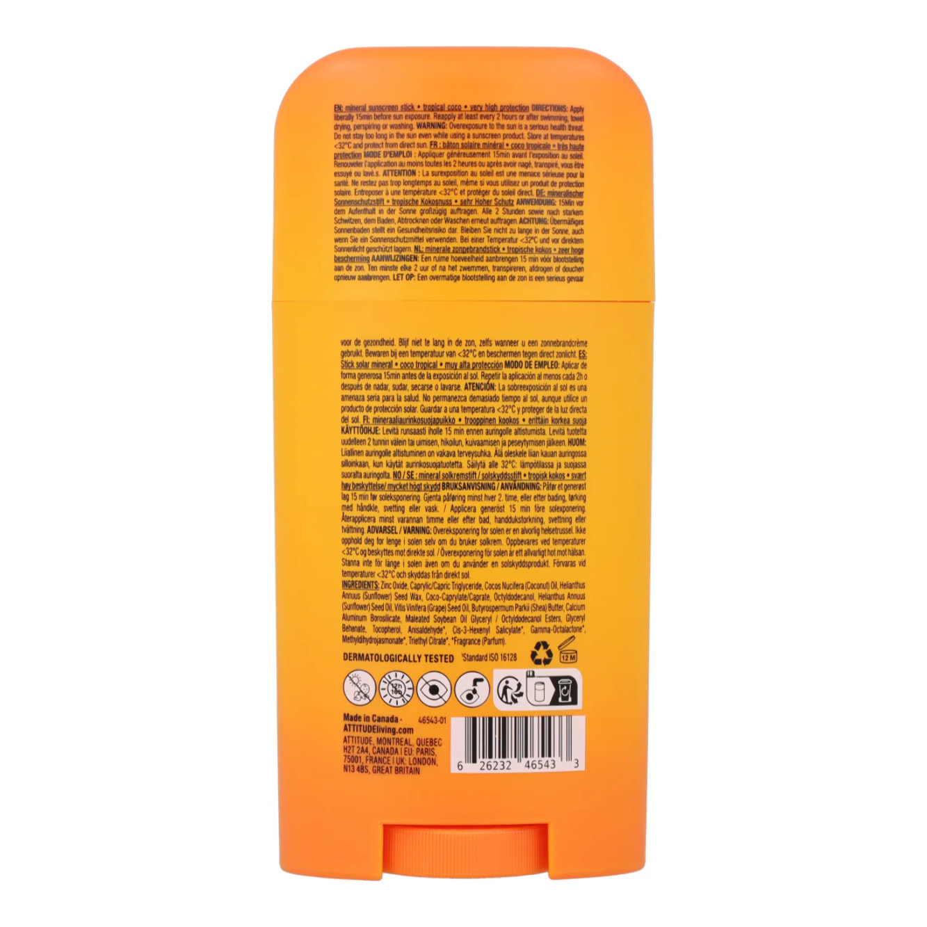 Mineral sunscreen Stick Face & Body SPF 50 tropicale coco Attitude Sunly 60 g