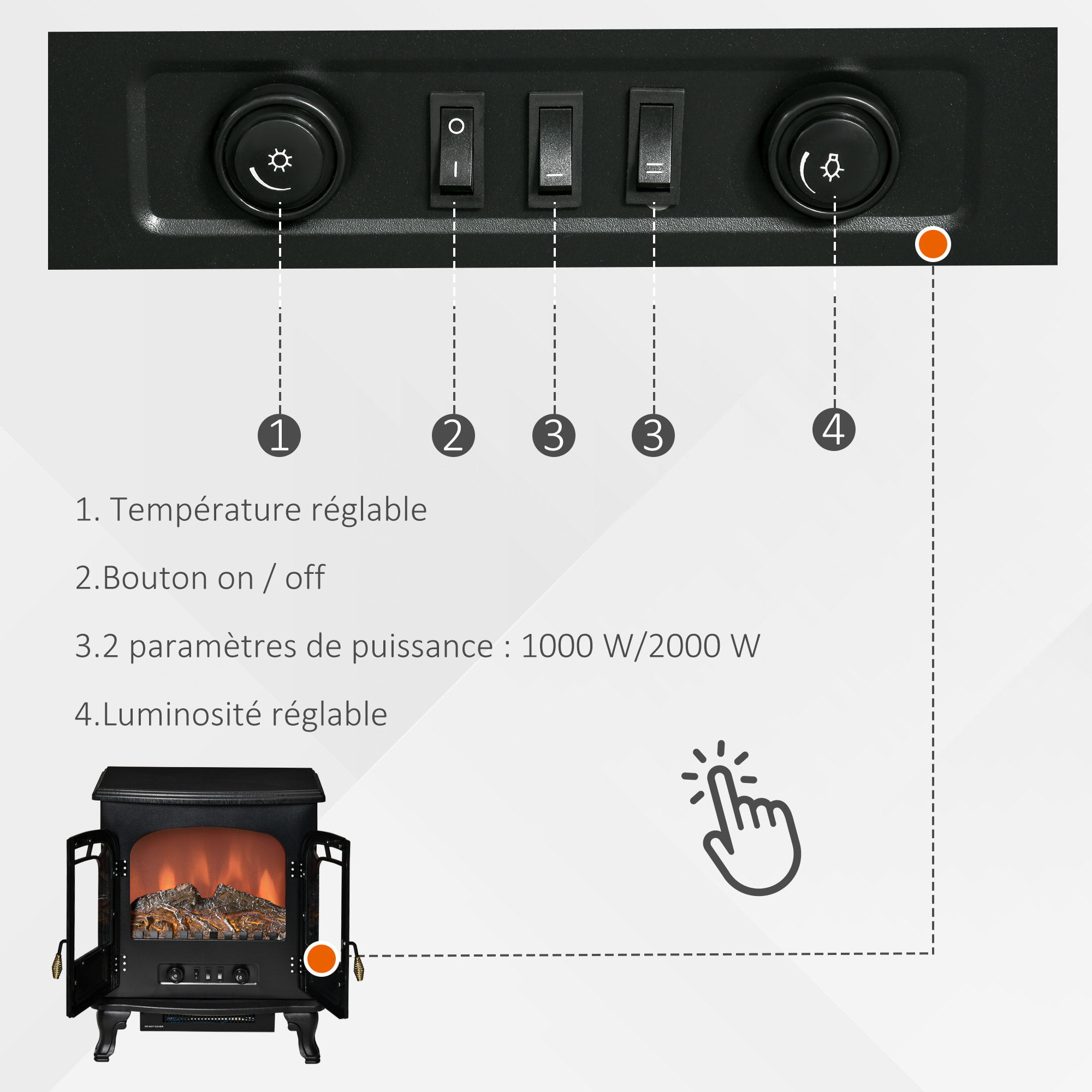Cheminée électrique poêle style néo-rétro 2 portes verre trempé 1000/2000 W LED luminosité réglable acier ABS noir