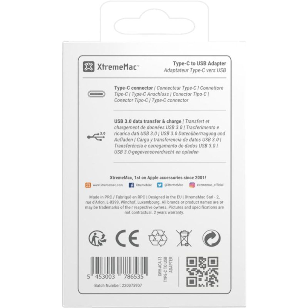 Adaptateur XTREMEMAC USB A femelle vers USB type C male