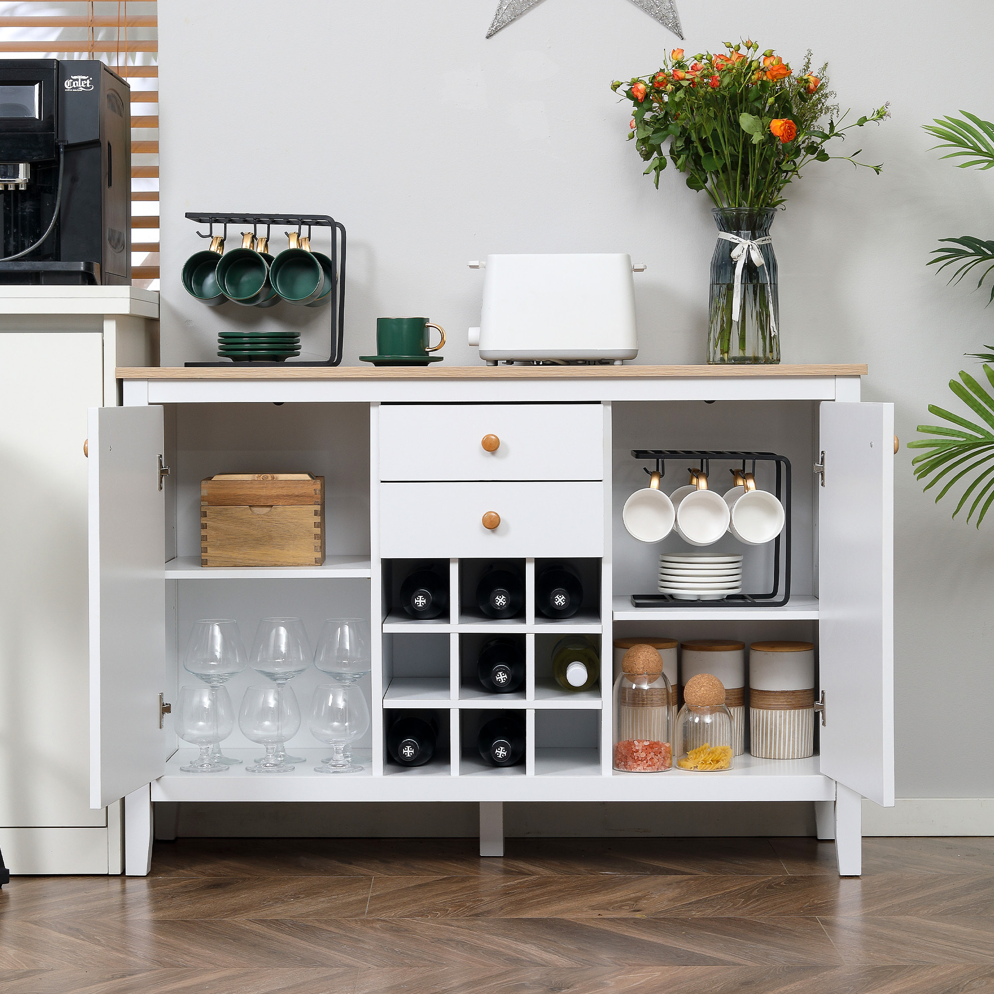 Aparador de Cocina con Botellero Aparador con 2 Cajones 2 Puertas Estantes Ajustables para 9 Botellas Buffet Auxiliar de Cocina para Comedor Salón 110x35x75 cm Blanco