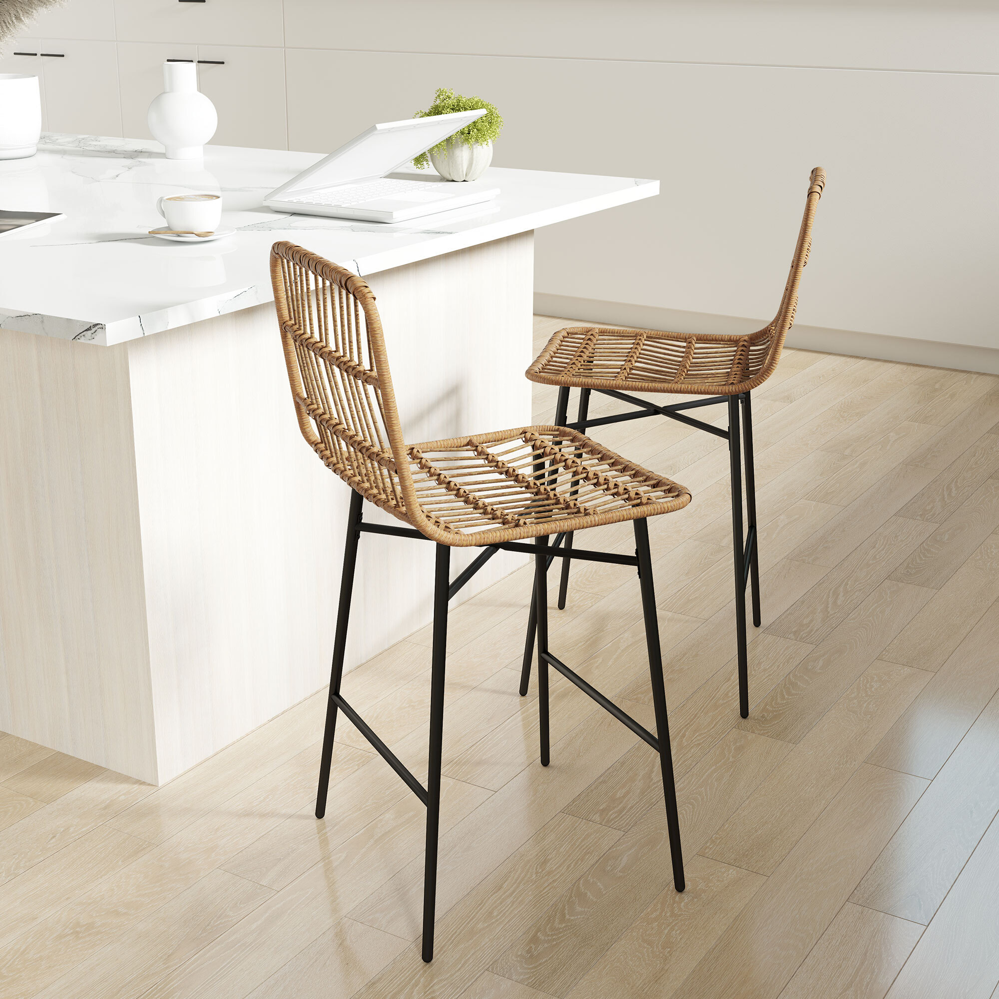 Conjunto de 2 Taburetes Altos de Cocina Taburetes de Bar con Respaldo y Asiento de Ratán Carga 120 kg Sillas de Bar Modernas para Cocina Comedor Marrón