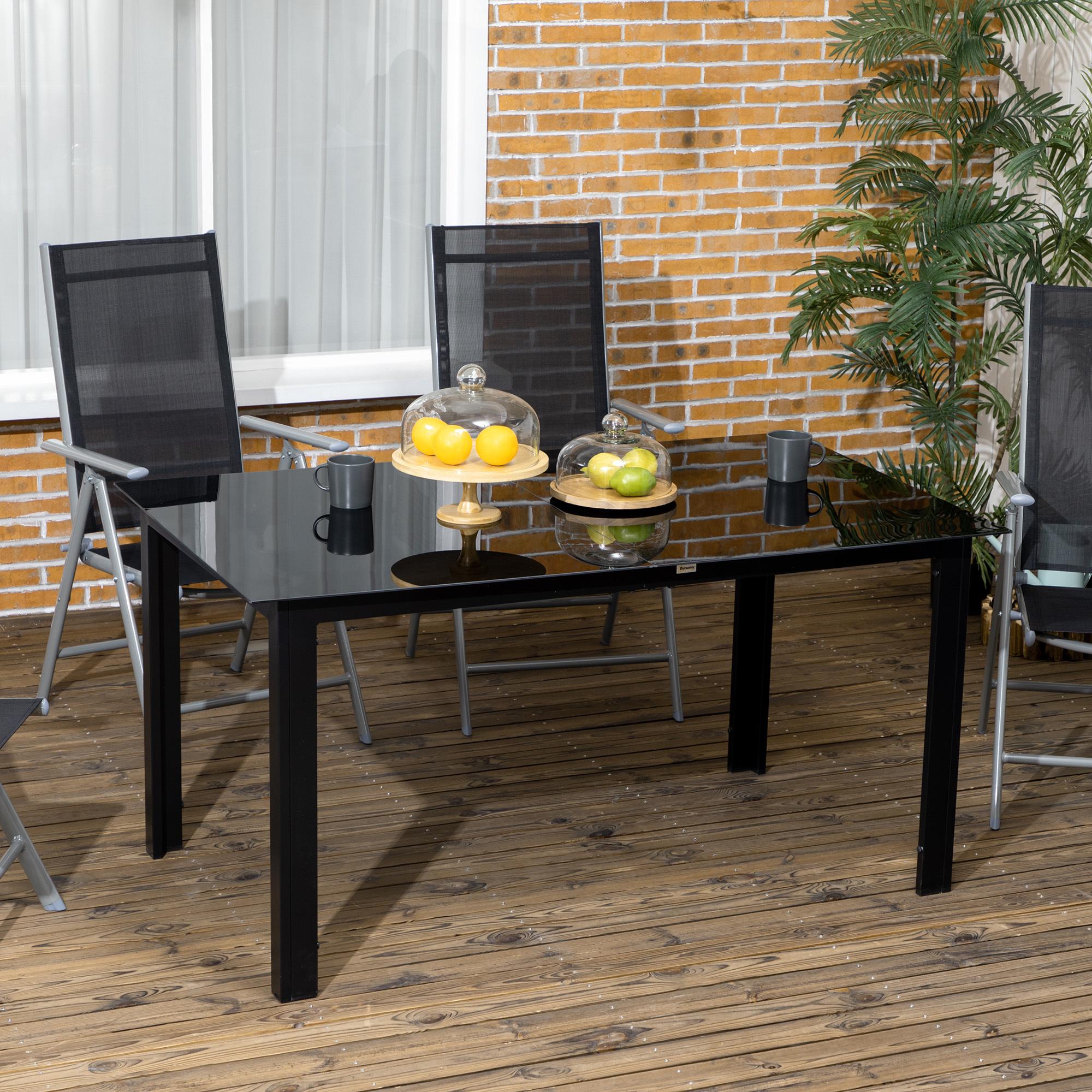 Table de jardin rectangulaire 6 personnes dim. 150L x 90l x 74H cm alu. plateau verre trempé noir