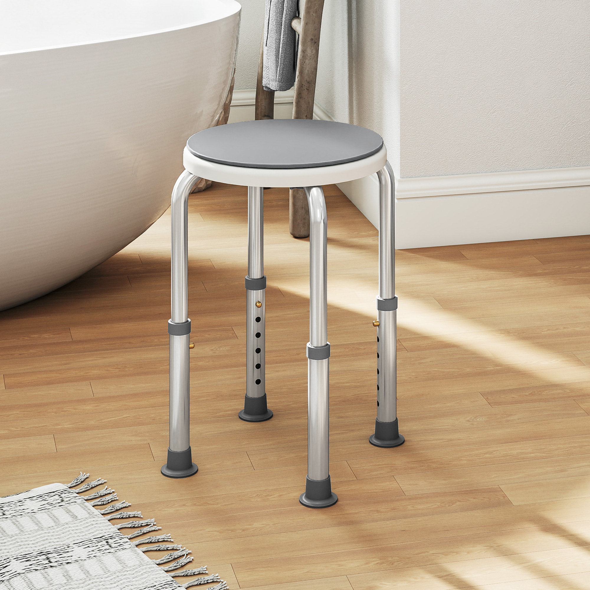 Tabouret de douche siège de douche - hauteur réglable, pivotant 360° - alu PP blanc gris