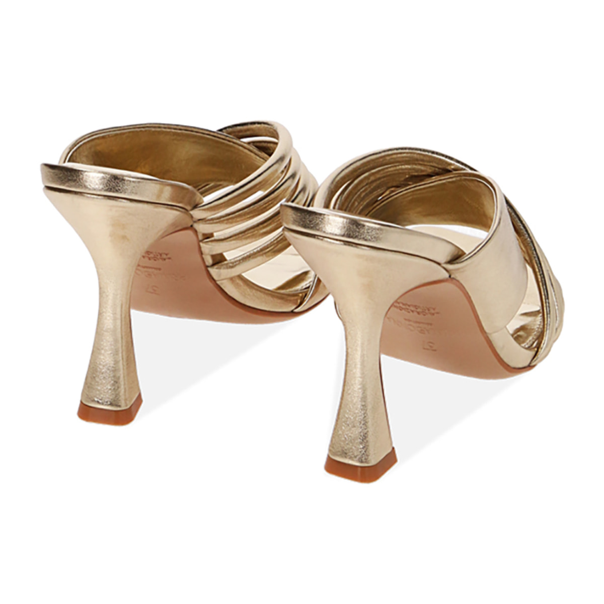 Mules laminados en oro, tacón de 9,5 cm