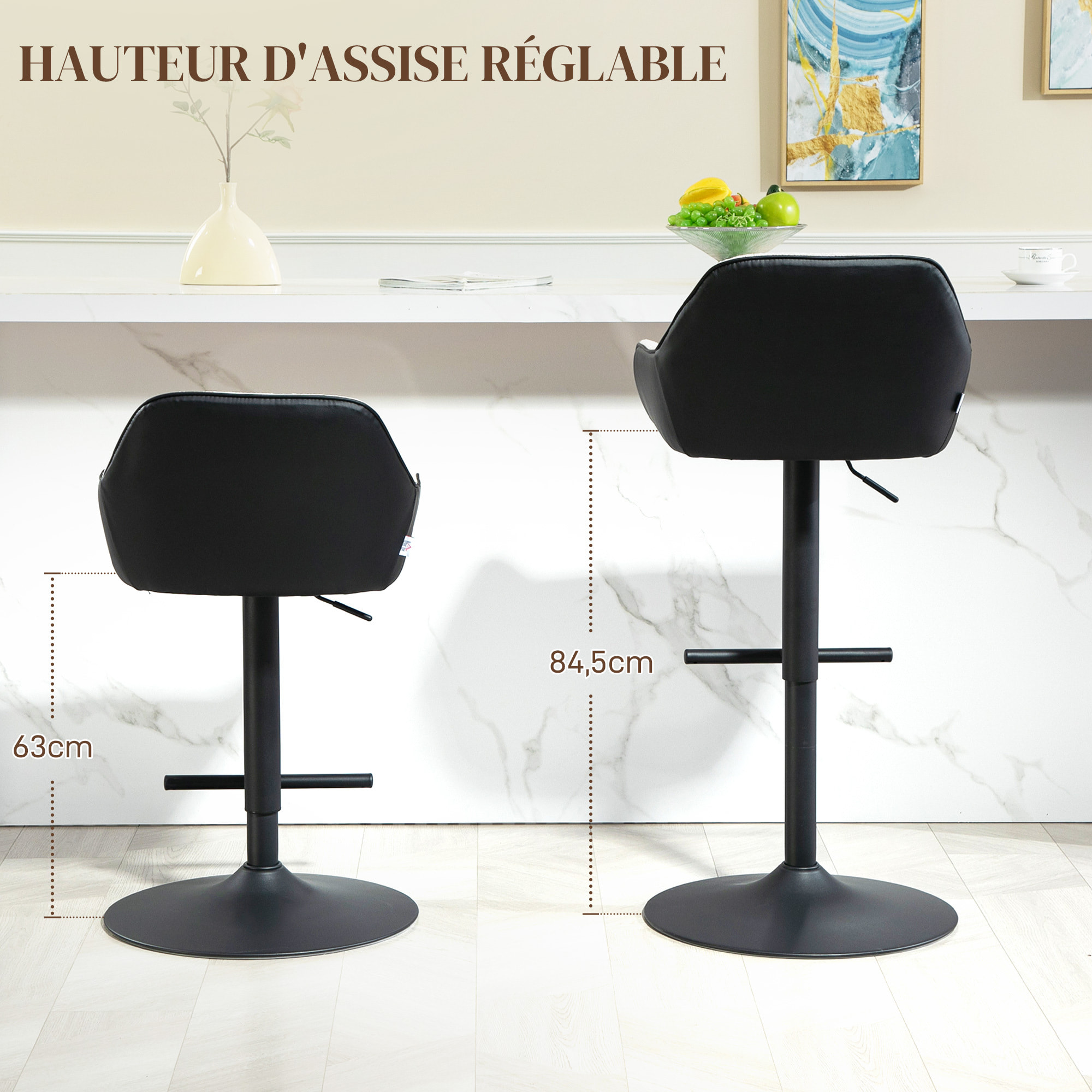 Lot de 2 tabourets de bar design capitonné acier noir mat tissu gris clair