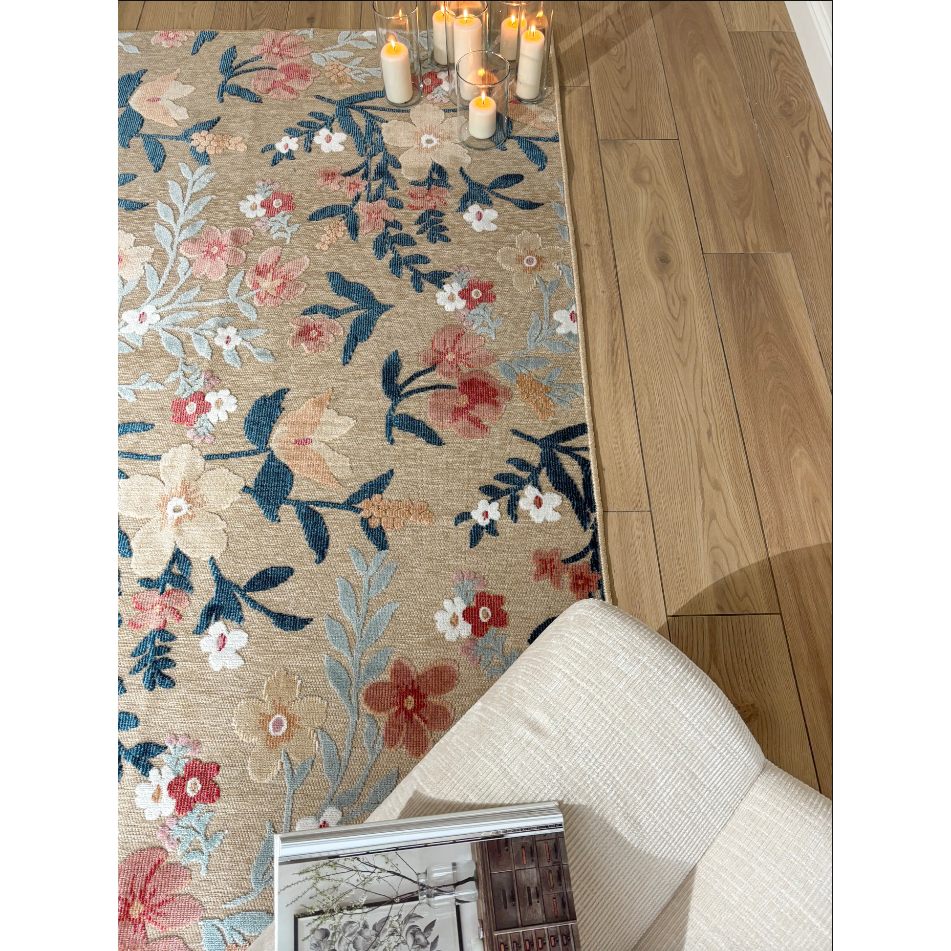 GARDEN - Tapis d'intérieur / extérieur à motif floral beige, rouge, blanc, bleu