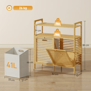 Meuble salle de bain avec panier à linge, en bambou avec 2 paniers en tissu amovibles et 2 étagères, corbeille à linge, 82x33x88cm, bois naturel