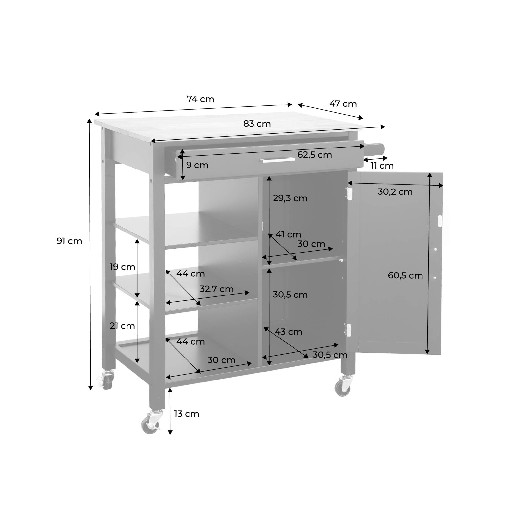 Desserte de cuisine plateau bois d'hévéa avec poignée L83cm BENDOR