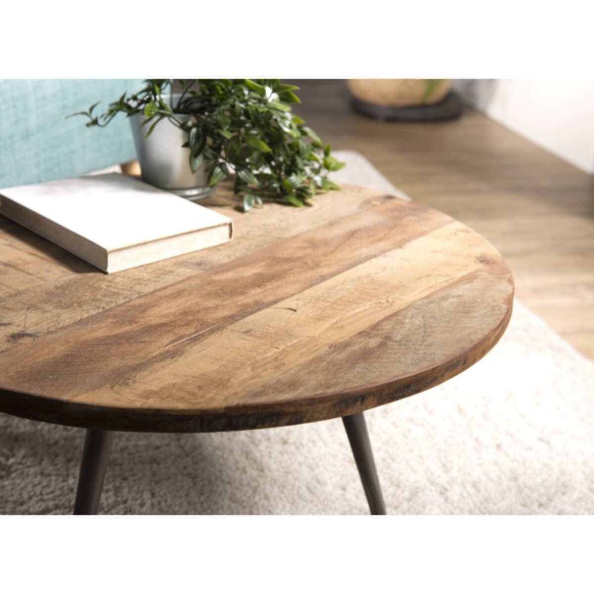 SIXTINE - Table basse d'appoint marron ronde 55x55cm teck recyclé pieds métal