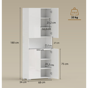 Alacena de Cocina, Mueble Auxiliar de Cocina con 4 Puertas, Compartimento Abierto, Estantes Ajustables, 68x34x180 cm, Blanco Brillo