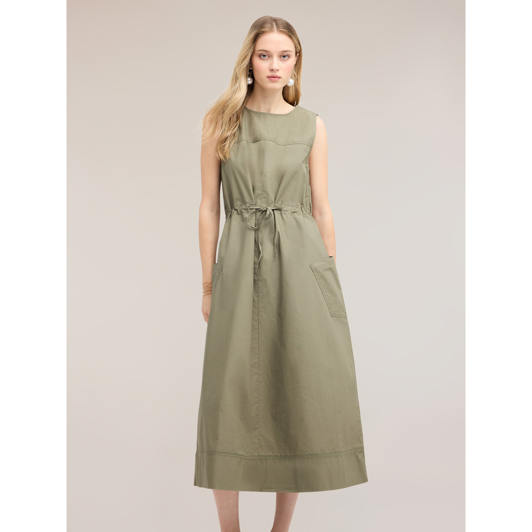 Motivi - Vestido con cordón ajustable en popelín - Verde militare