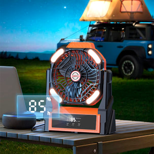 Ventilador A16 con motor sin escobillas, LED con 32 luces, 4 velocidades, 3 niveles de luz y temporizador. Ángulo ajustable de 90º con gancho para colgar y powerbank de 10000 mAh.