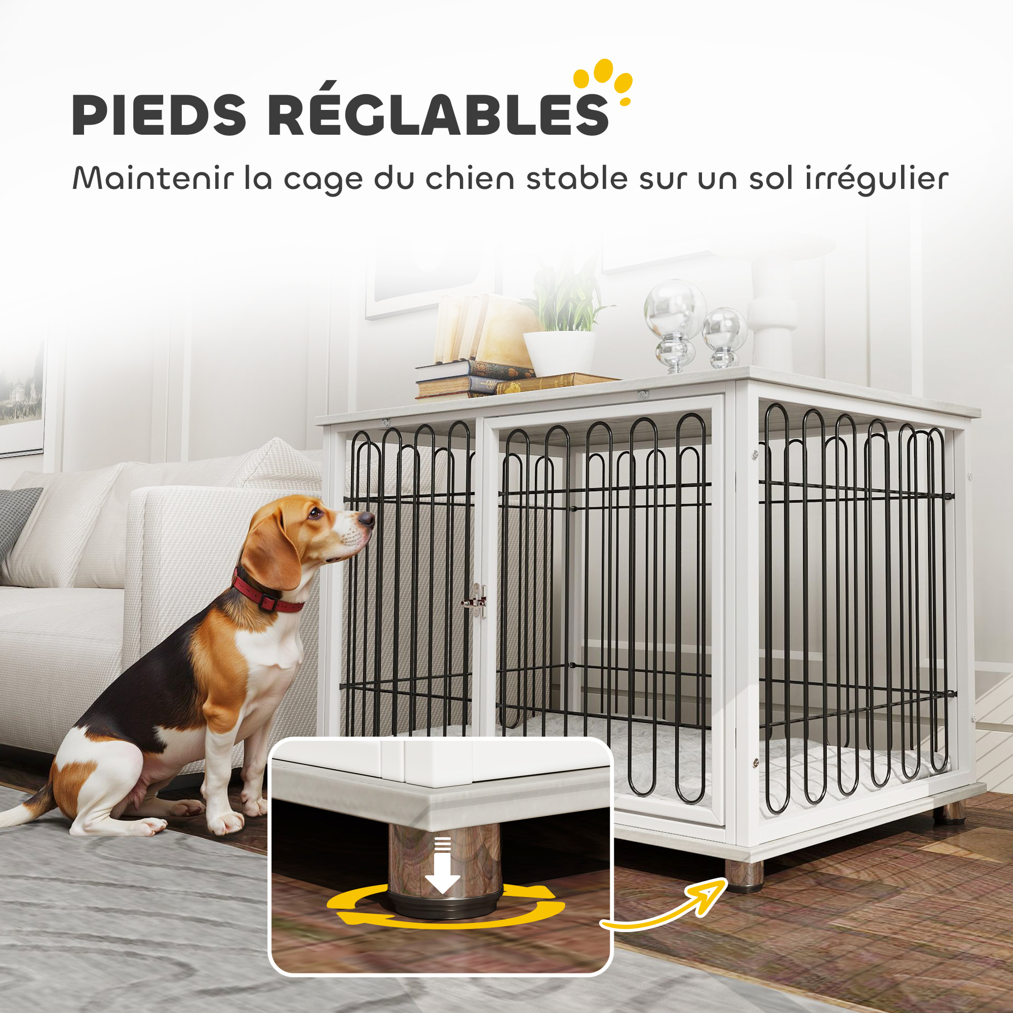 Cage chien avec coussin 90 x 58 x 62 cm - porte verrouillable - effet bois gris clair acier blanc noir