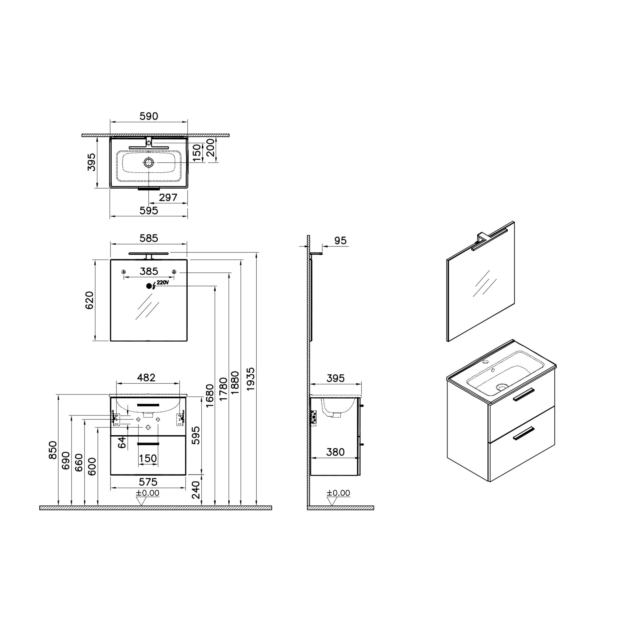 Mia ensemble avec meuble préassemblé 59x61x39,5 cm + miroir + lavabo en céramique + éclairage LED, Cordoba (MIASET60C)