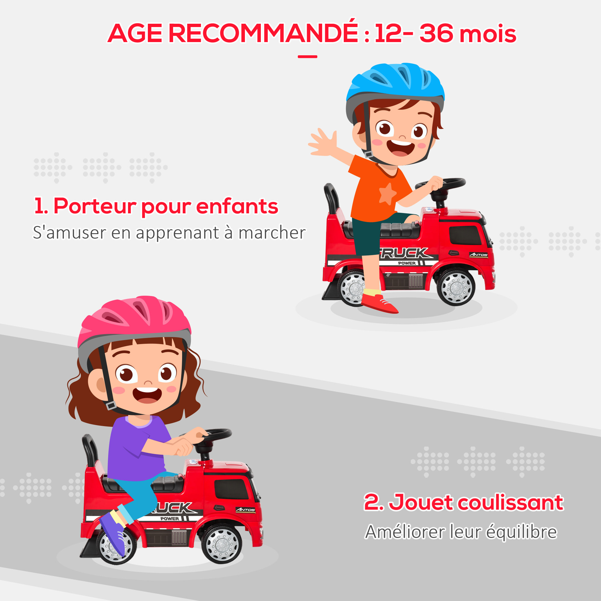 Voiture porteur enfant camion licence Mercedes-Benz Antos 12-36 mois coffre effets lumineux sonores rouge