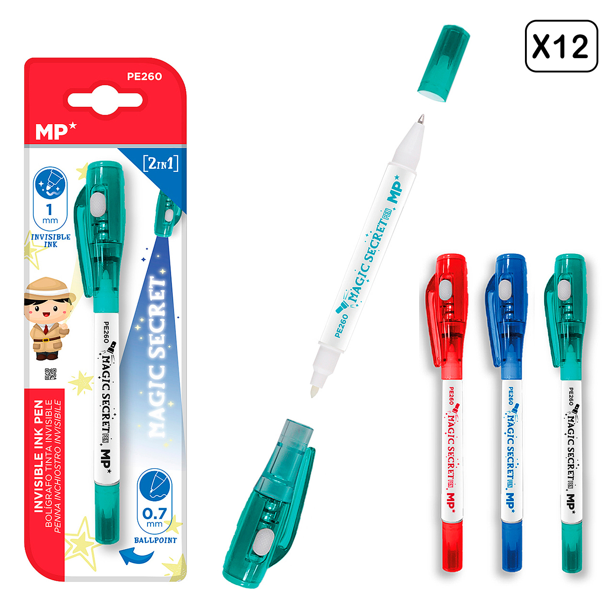 PACK 12 Uds. BOLÍGRAFO TINTA INVISIBLE MAGIC SECRET 2 EN 1