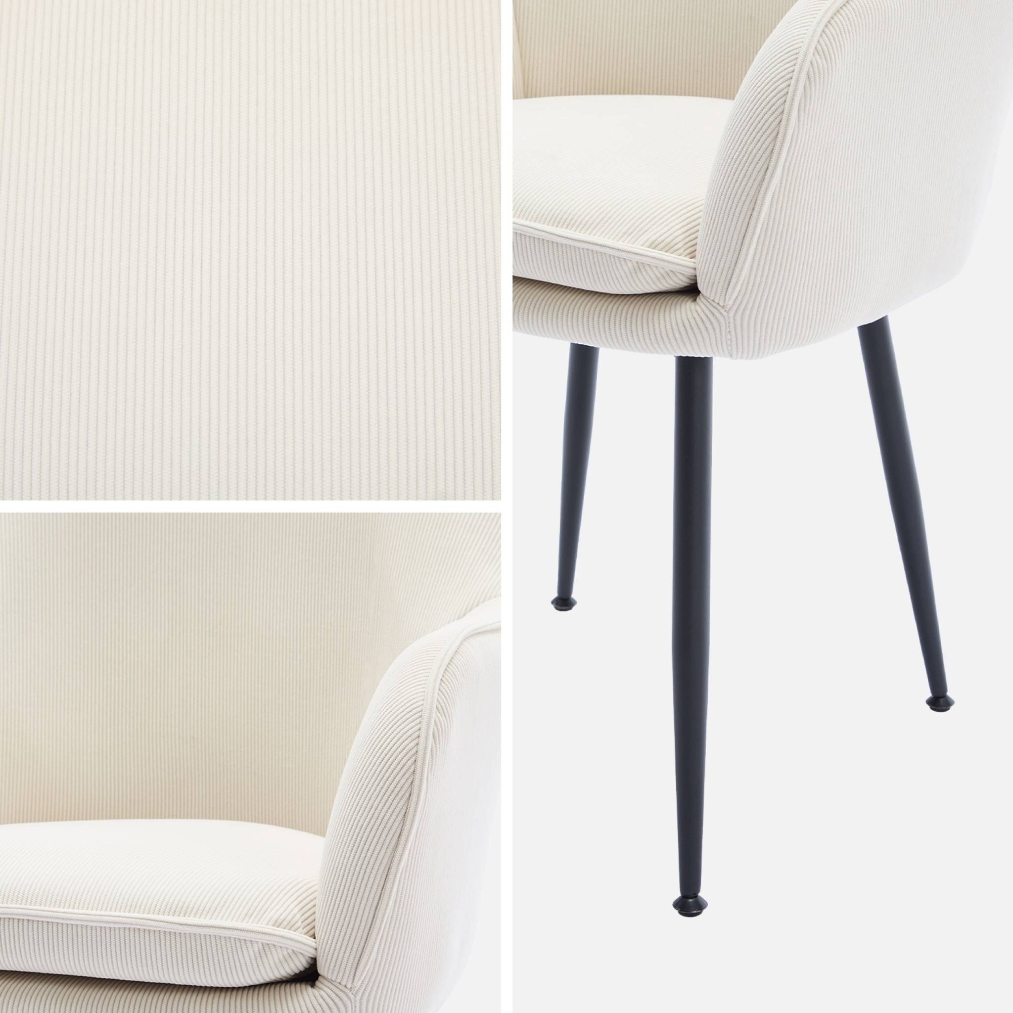 Fauteuil en velours côtelé blanc cassé et pieds en métal noir mat. L 57 x P 59 x H 84.5
