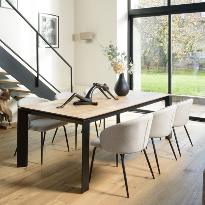 TOM - Lot de 2 chaises tissu écru dossier arrondi pieds acier noir