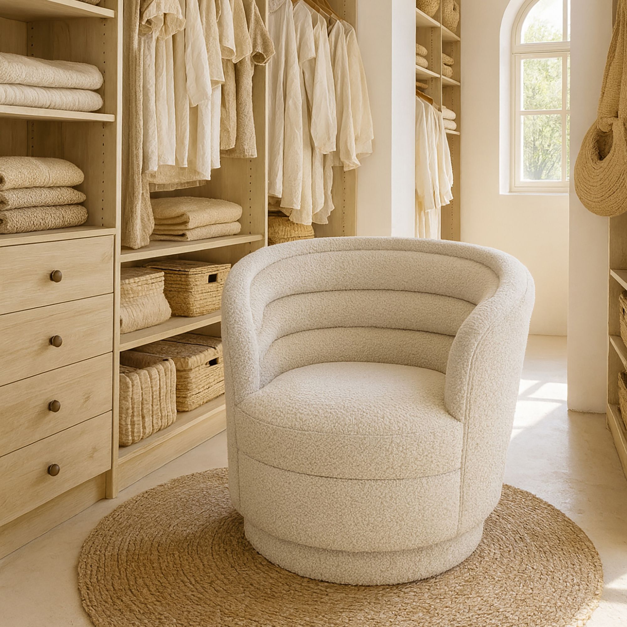 Fauteuil pivotant tissu en bouclette beige LINUS